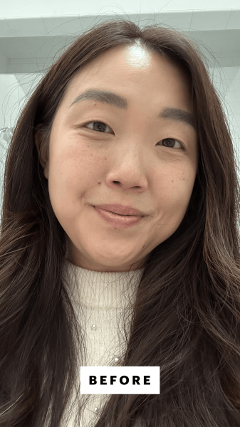 Lee before applying the Alastin Restorative Skin Complex with TriHex