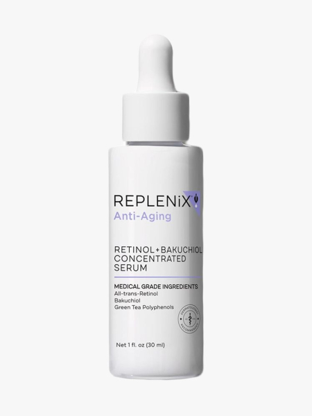 Replenix Retinol+Bakuchiol Concentrated Serum in branded dropper component on a light gray background